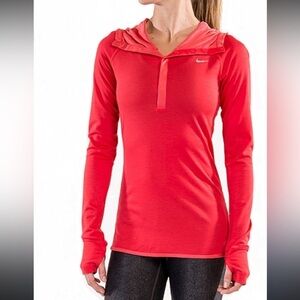 Nike Red Running Dri- Fit Long Sleeve Thumb Hole Hooded Snap Front Shirt Large